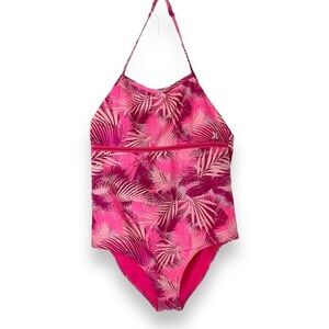 Hurley Swimsuit Pink‎ Tropical One Piece Halter Bathing Suit Palm Leaves Size 16